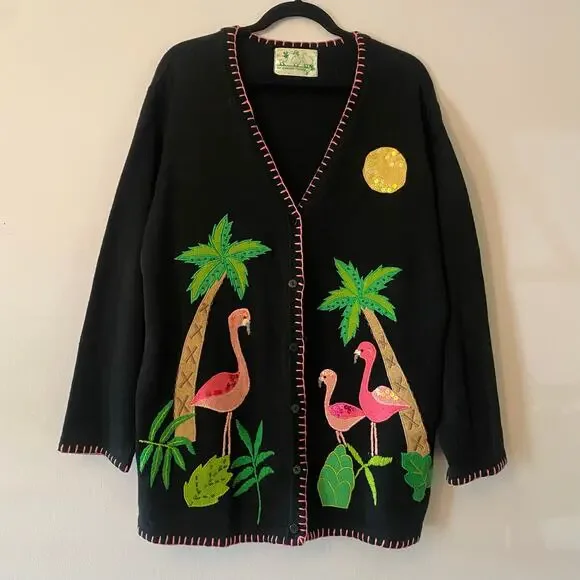 The Quacker Factory Black Knit Flamingo Sequin Tropical Cardigan Sweater 2XL - Picture 1 of 9